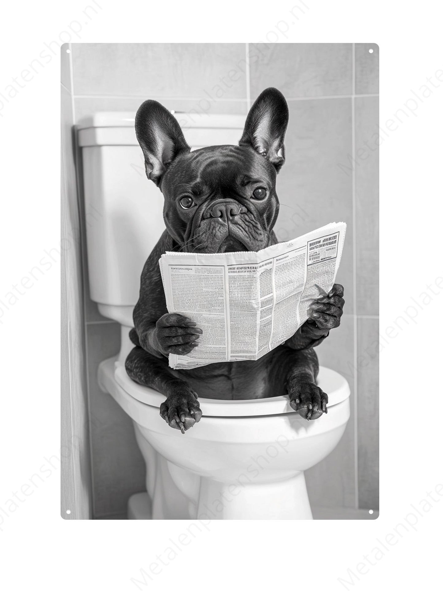 French bulldog on the toilet with a newspaper