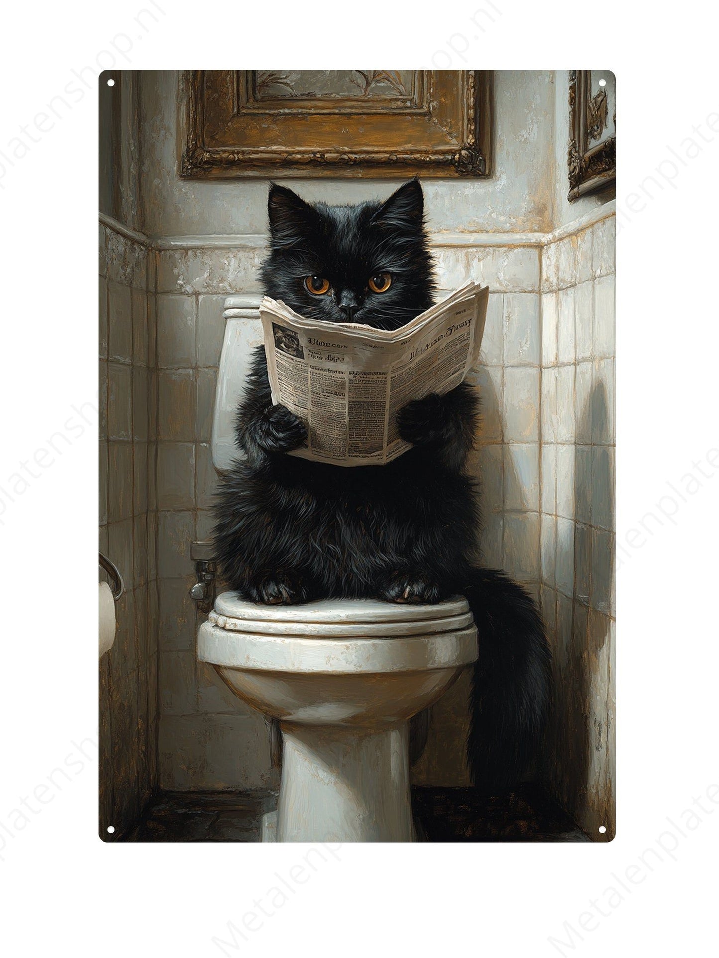 Cat on the toilet with a newspaper
