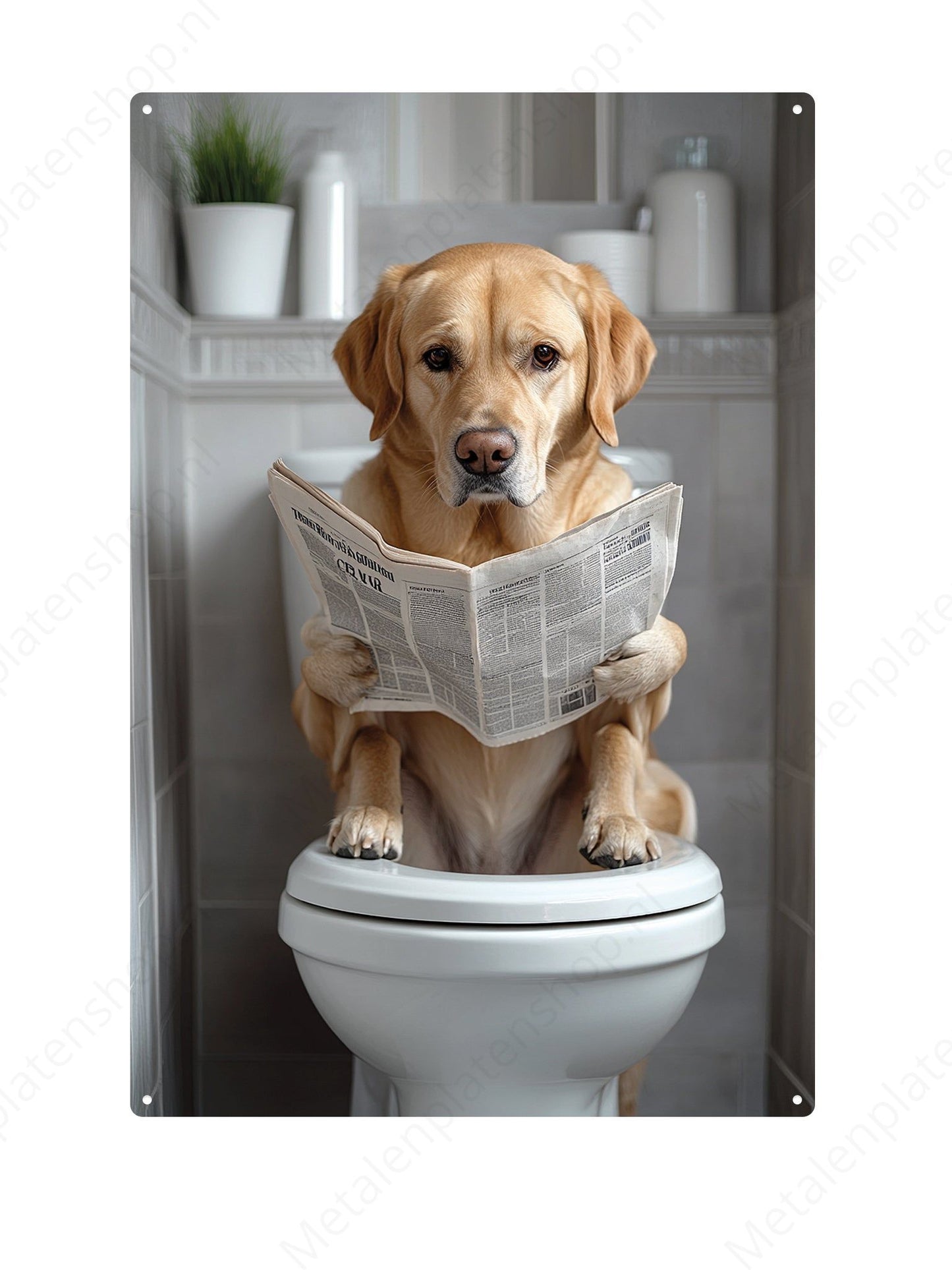 Golden Retriever on the toilet with a newspaper