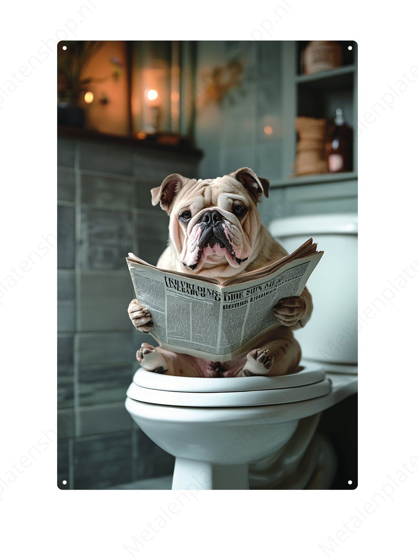 English bulldog on the toilet with a newspaper