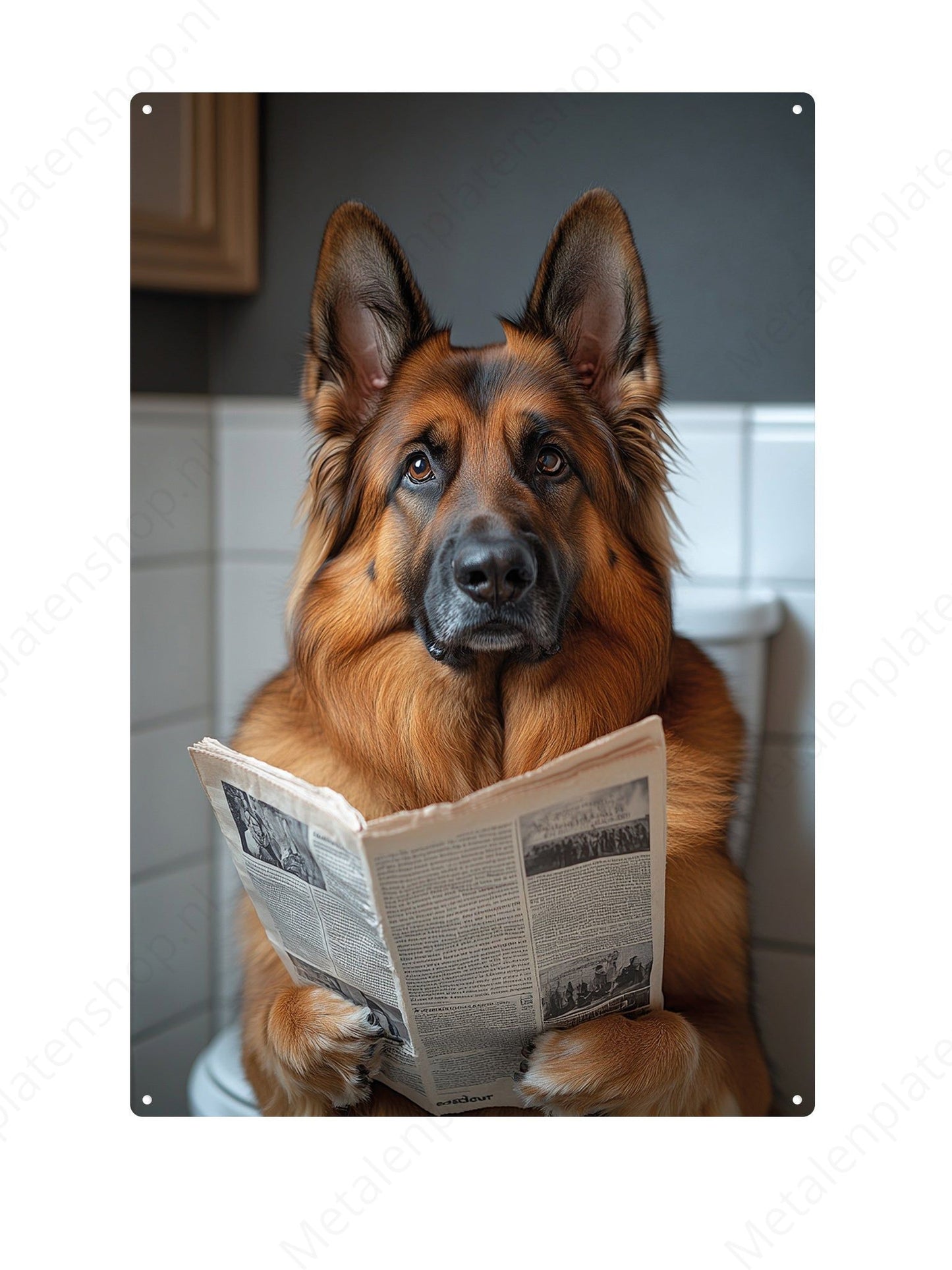 German Shepherd on the toilet with a newspaper