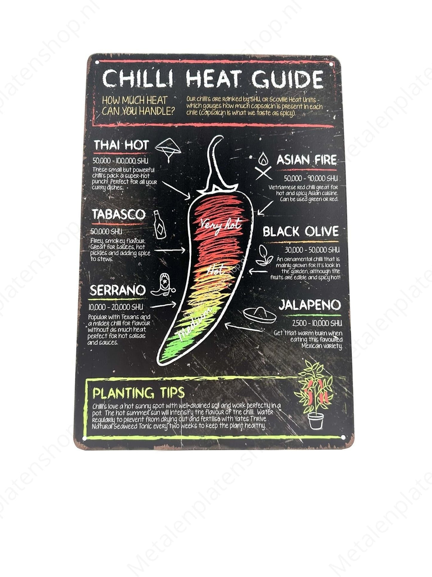Chilli Heat Guide - Peper - Krijtbord - Metalen Wandbord