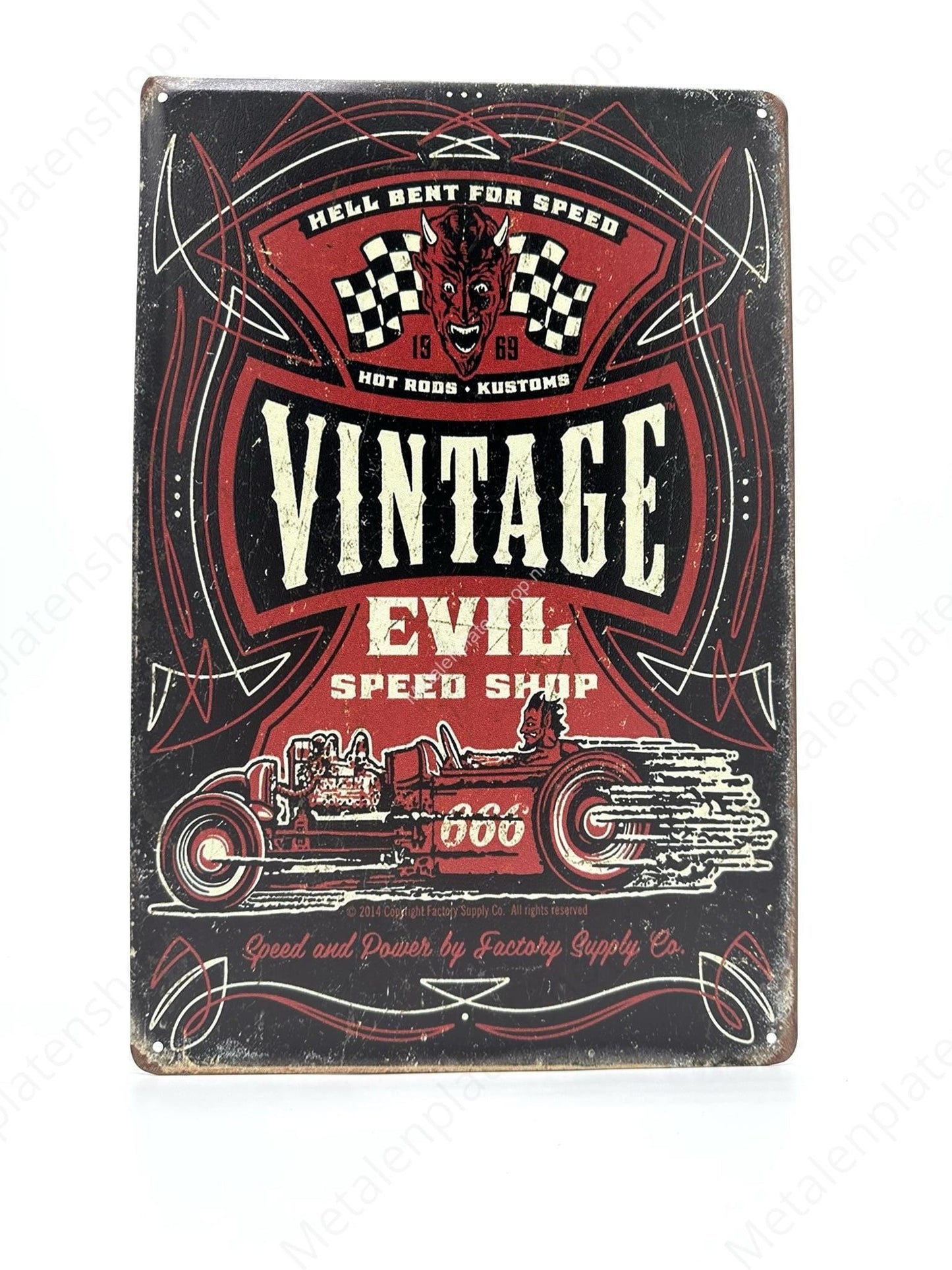 VINTAGE Evil Speed Shop - Car - Hell Bent For Speed - Metal Wall Sign