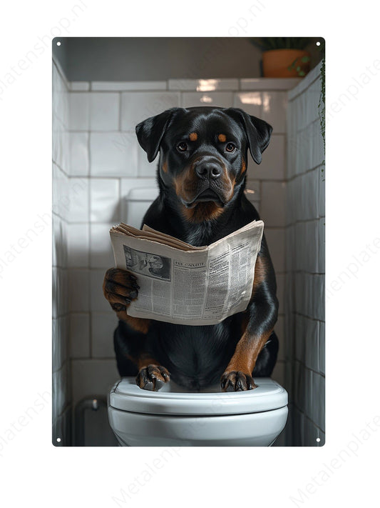 Rottweiler on the toilet with a newspaper - Metal Wall Sign