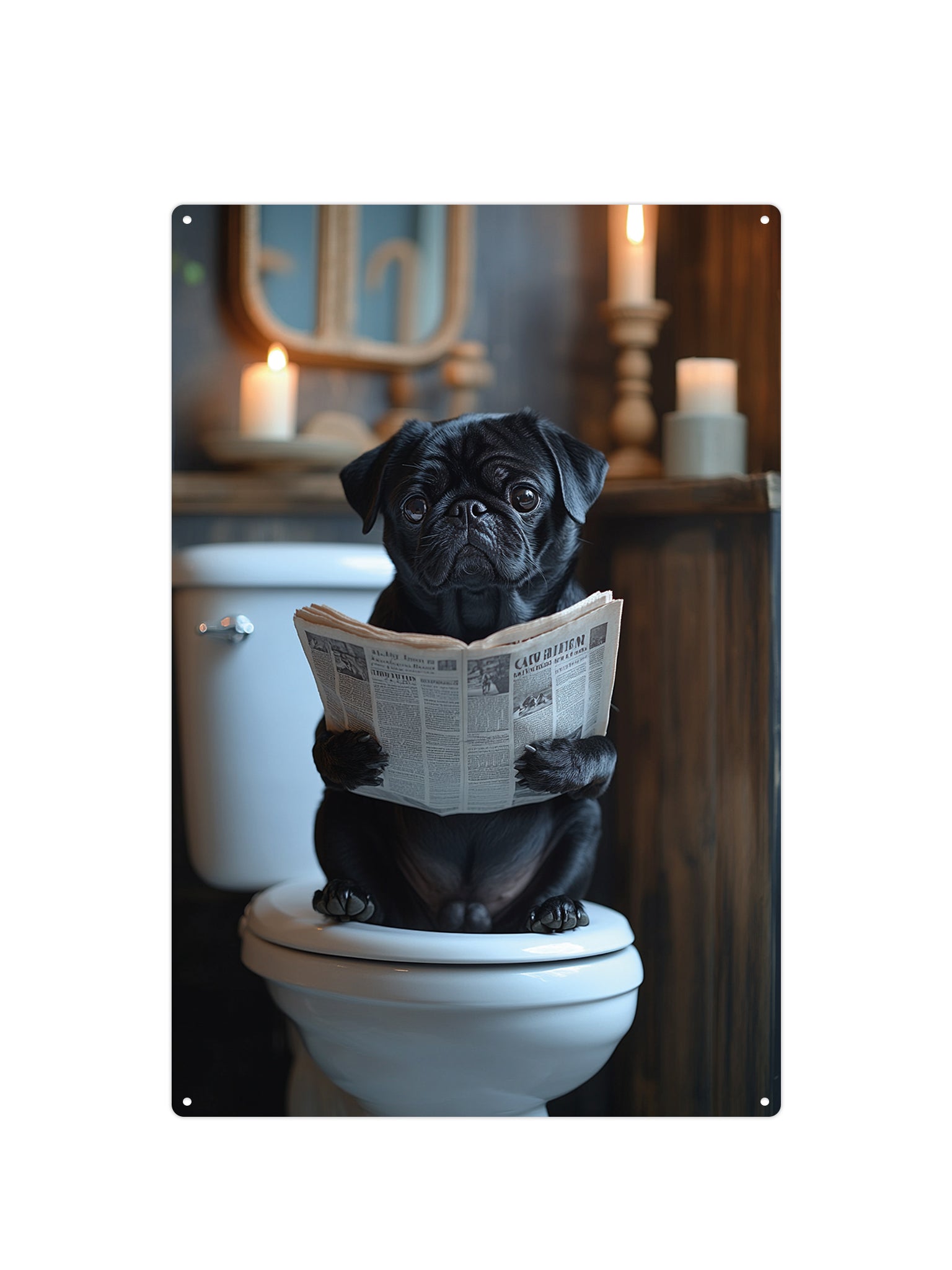 Mops hond op de WC met een krant