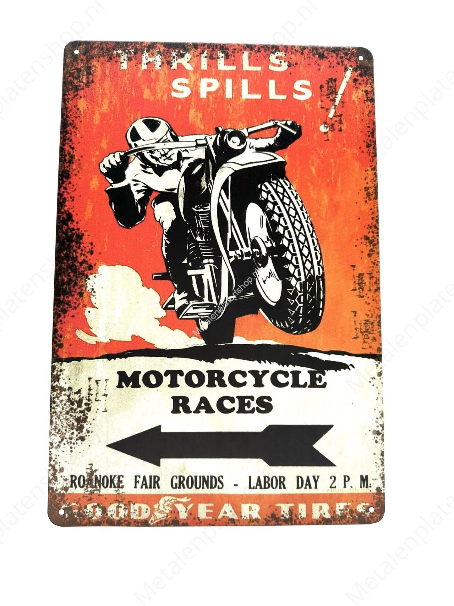 Thrills Spills - Motorcycle Races - Metalen Wandbord